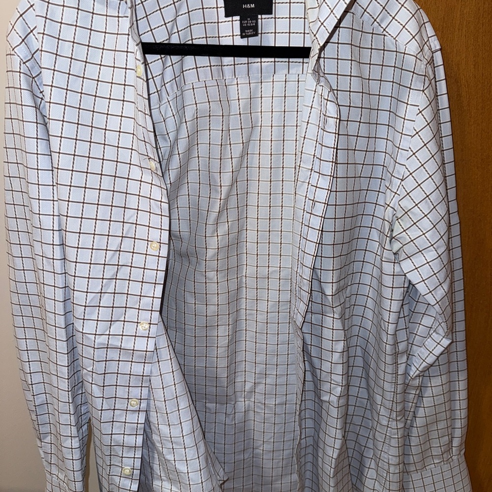H&M Men's White and Brown Grid Shirt Size 15 3/4